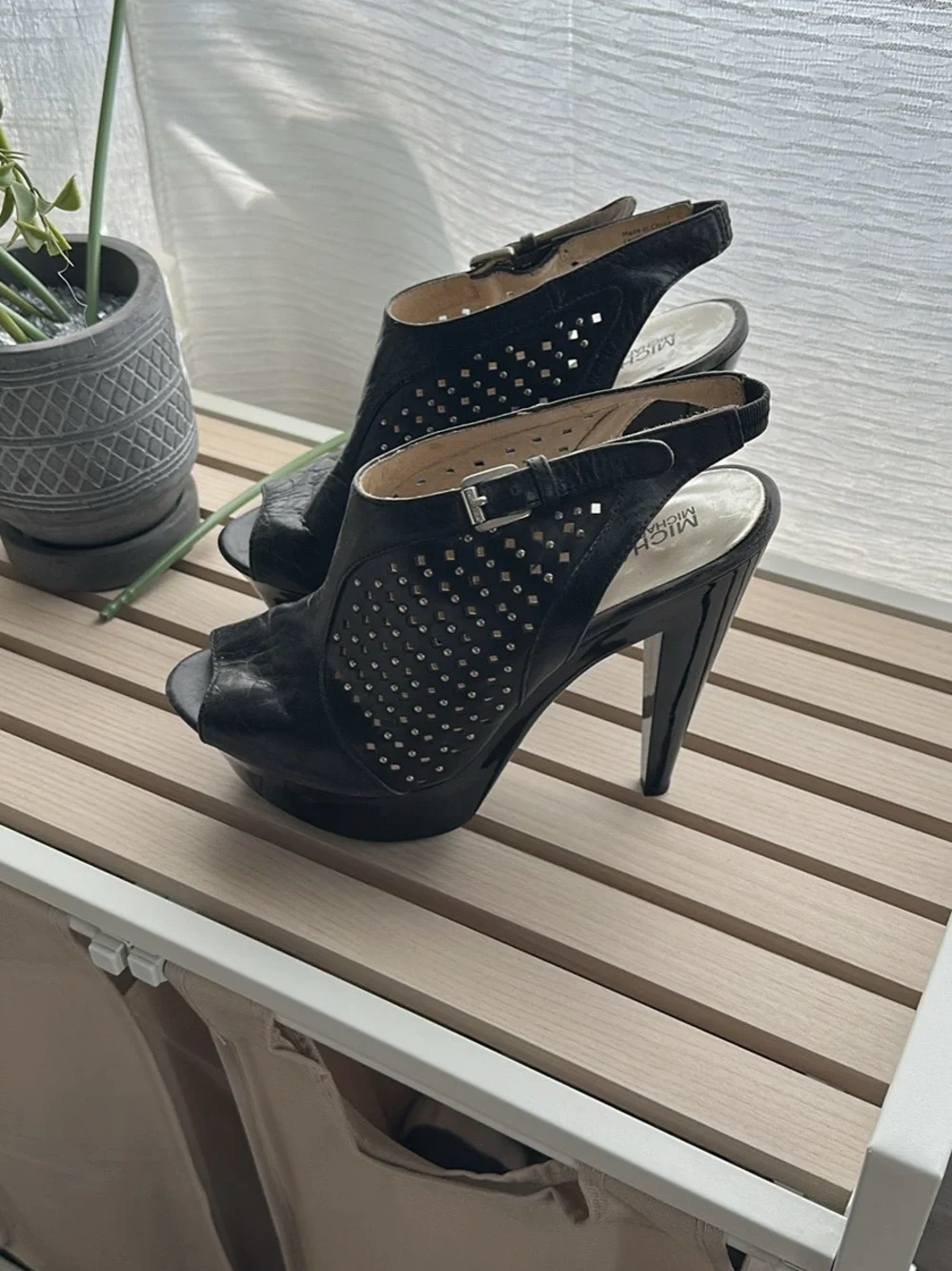 MICHAEL Michael Kors Black Studded Peep-Toe Slingback Heels